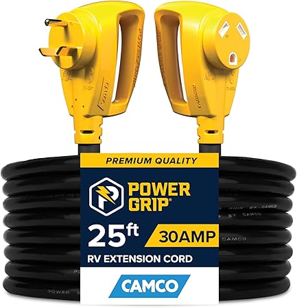 Camco Power Grip 25-Ft 30 Amp Camper/RV Extension Cord - Rated for 125V /3, 750W - Features Heavy Duty 10-Gauge Copper Wire for Superior Conductivity & Coated w/Heat-Resilient PVC (55191)