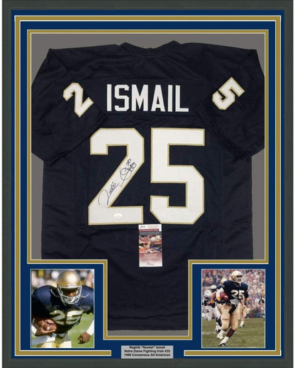 Framed Autographed/Signed Raghib Ismail Rocket 35x39 Notre Dame Blue College Football Jersey JSA COA