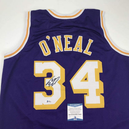 Autographed/Signed Shaquille Shaq O'Neal Los Angeles LA Purple Basketball Jersey Beckett BAS COA