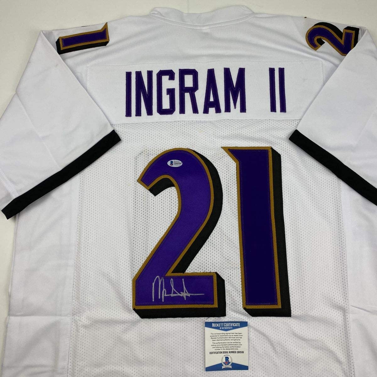 Autographed/Signed Mark Ingram II Baltimore White Football Jersey Beckett BAS COA