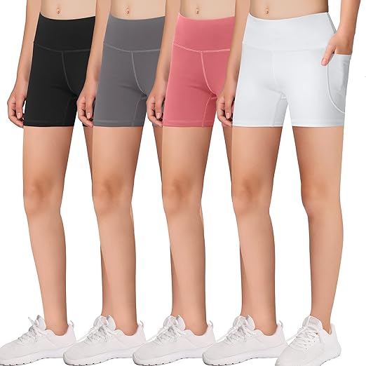 MIRITY Girls' Athletic Biker Shorts with Pockets - Kids Dance Yoga Running Soccer Volleyball Bike Shorts (Pack of 4)