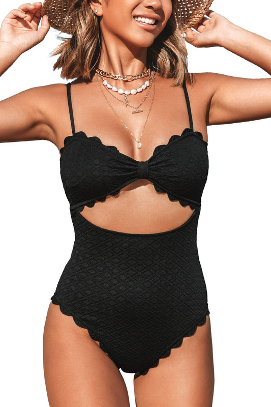 CUPSHE Women's One Piece Swimsuit Sexy Black Cutout Scallop Trim Bathing Suit, M