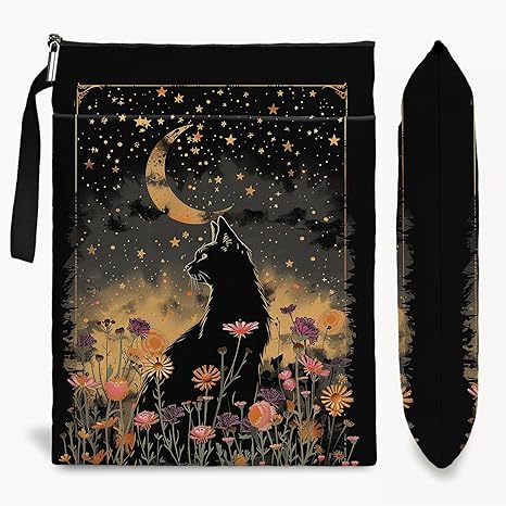 Cat Book Sleeve, Book Covers for Paperbacks, Book Sleeves with Zipper, Book Pouch Cat Lover Gifts, Cat Themed Gifts for Women Teacher Daughter Graduation Birthday Gifts (Black Cat and Flower, Large)