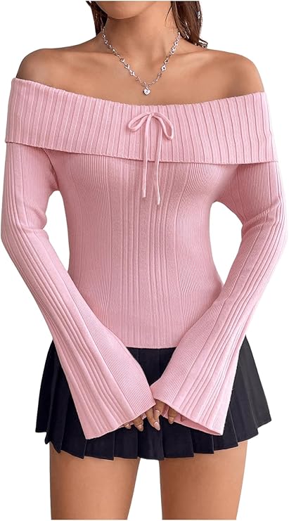 GORGLITTER Women's Off The Shoulder Bell Sleeve Tops Bow Long Sleeve Knit Sweater Crop Top