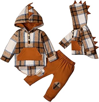 Toddler Baby Boy Clothes Long Sleeve Dinosaur Plaid Hoodie Sweatshirt + Pocket Pants Set 6 Months-4 Years