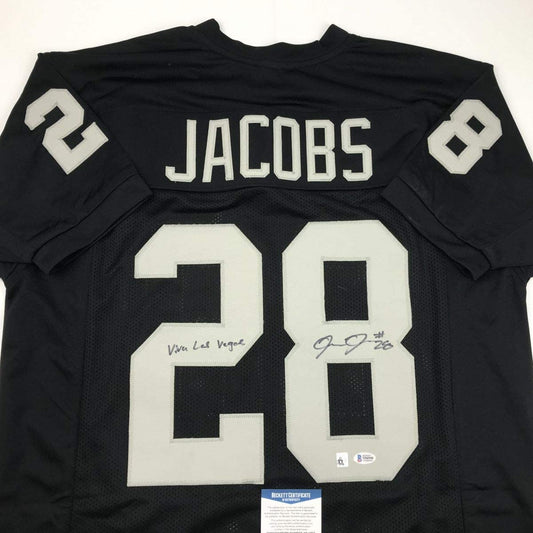 Autographed/Signed Josh Jacobs Viva Las Vegas Oakland Black Football Jersey Beckett BAS COA