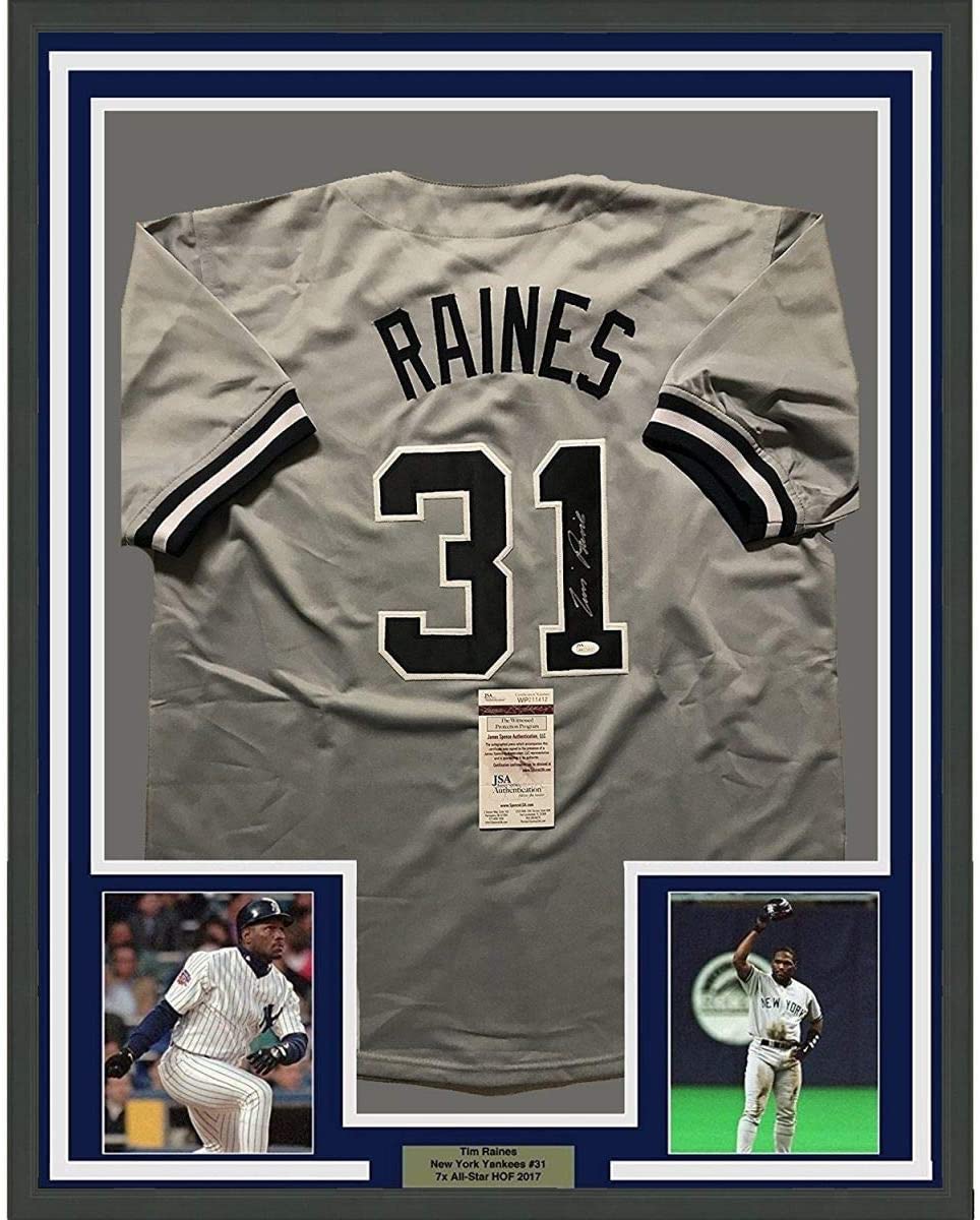 Framed Autographed/Signed Tim Raines 35x39 New York Yankees Grey Baseball Jersey JSA COA