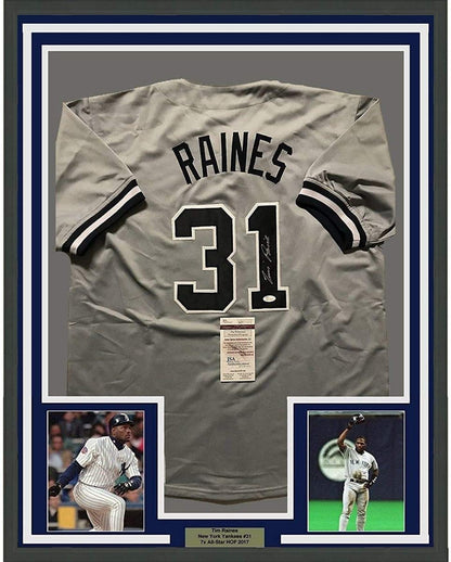 Framed Autographed/Signed Tim Raines 35x39 New York Yankees Grey Baseball Jersey JSA COA