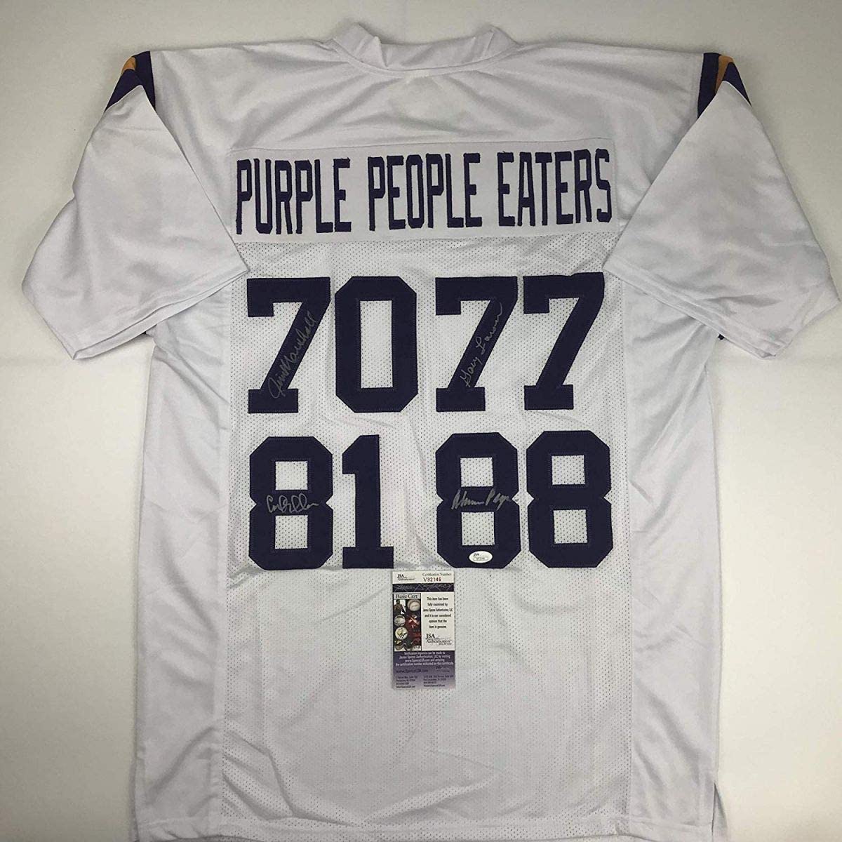 Autographed/Signed Purple People Eaters Minnesota White Football Jersey JSA COA