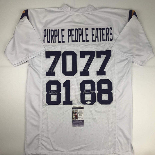 Autographed/Signed Purple People Eaters Minnesota White Football Jersey JSA COA