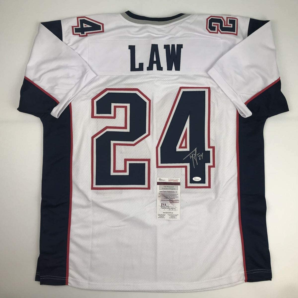 Autographed/Signed Ty Law New England White Football Jersey JSA COA