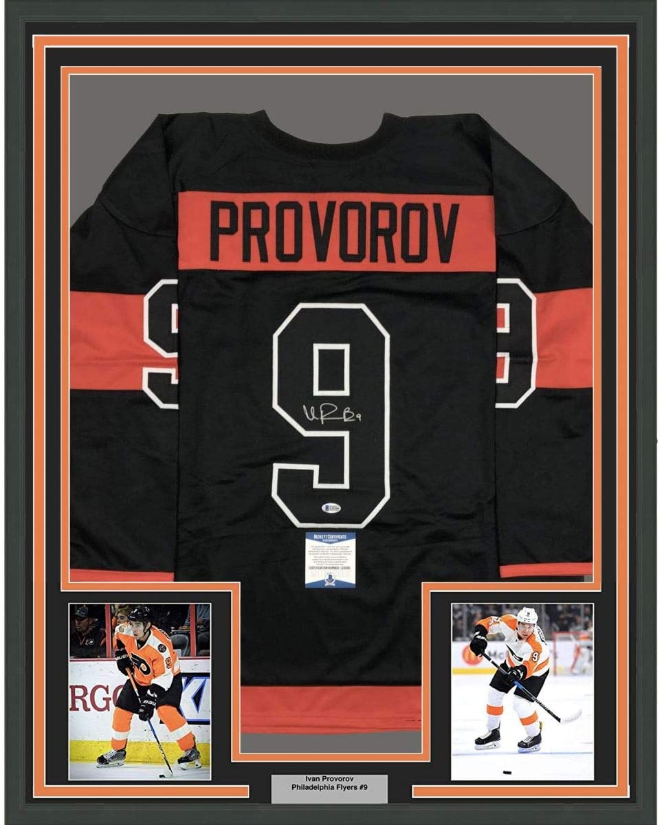 Framed Autographed/Signed Ivan Provorov 35x39 Philadelphia Black Stadium Series Hockey Jersey Beckett BAS COA