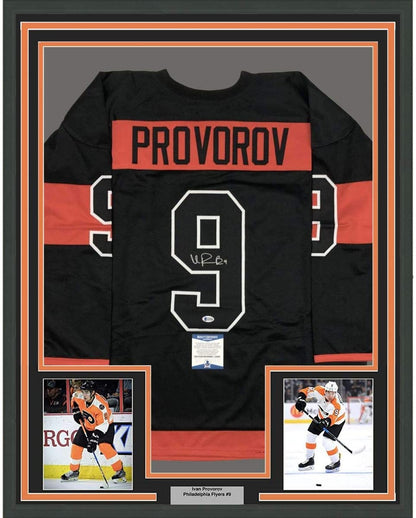 Framed Autographed/Signed Ivan Provorov 35x39 Philadelphia Black Stadium Series Hockey Jersey Beckett BAS COA