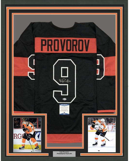 Framed Autographed/Signed Ivan Provorov 35x39 Philadelphia Black Stadium Series Hockey Jersey Beckett BAS COA