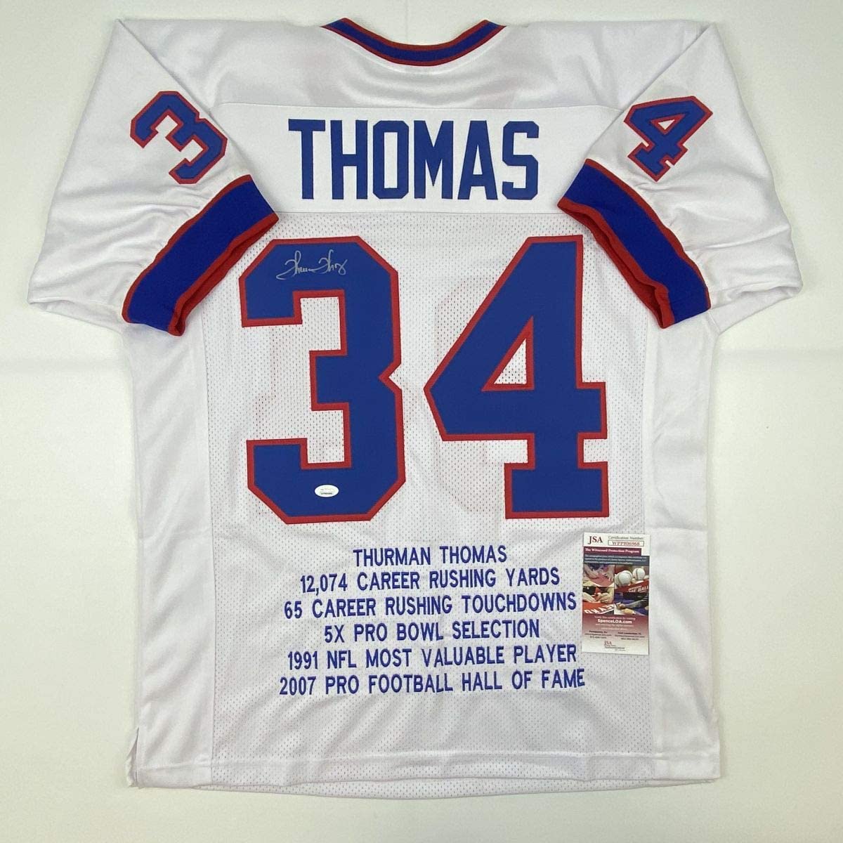 Autographed/Signed Thurman Thomas Buffalo White Stat Football Jersey JSA COA