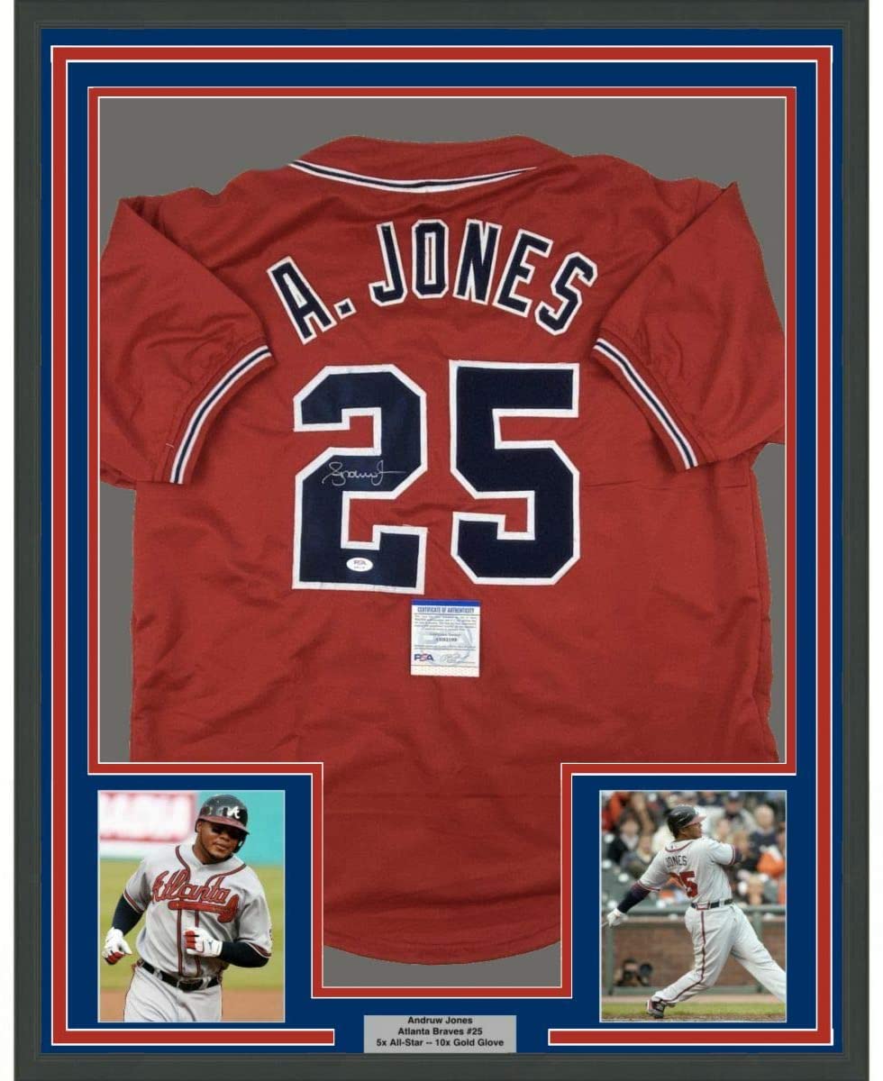 Framed Autographed/Signed Andruw Jones 35x39 Atlanta Red Baseball Jersey PSA/DNA COA