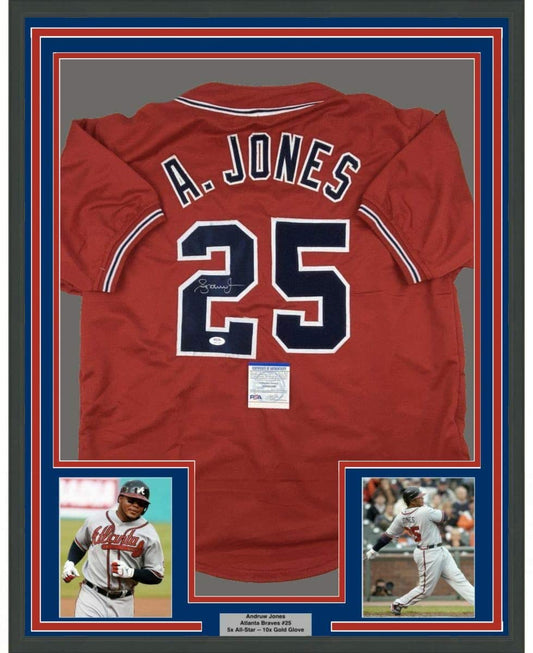 Framed Autographed/Signed Andruw Jones 35x39 Atlanta Red Baseball Jersey PSA/DNA COA