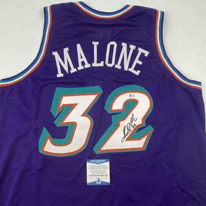 Autographed/Signed Karl Malone Utah Purple Basketball Jersey Beckett BAS COA
