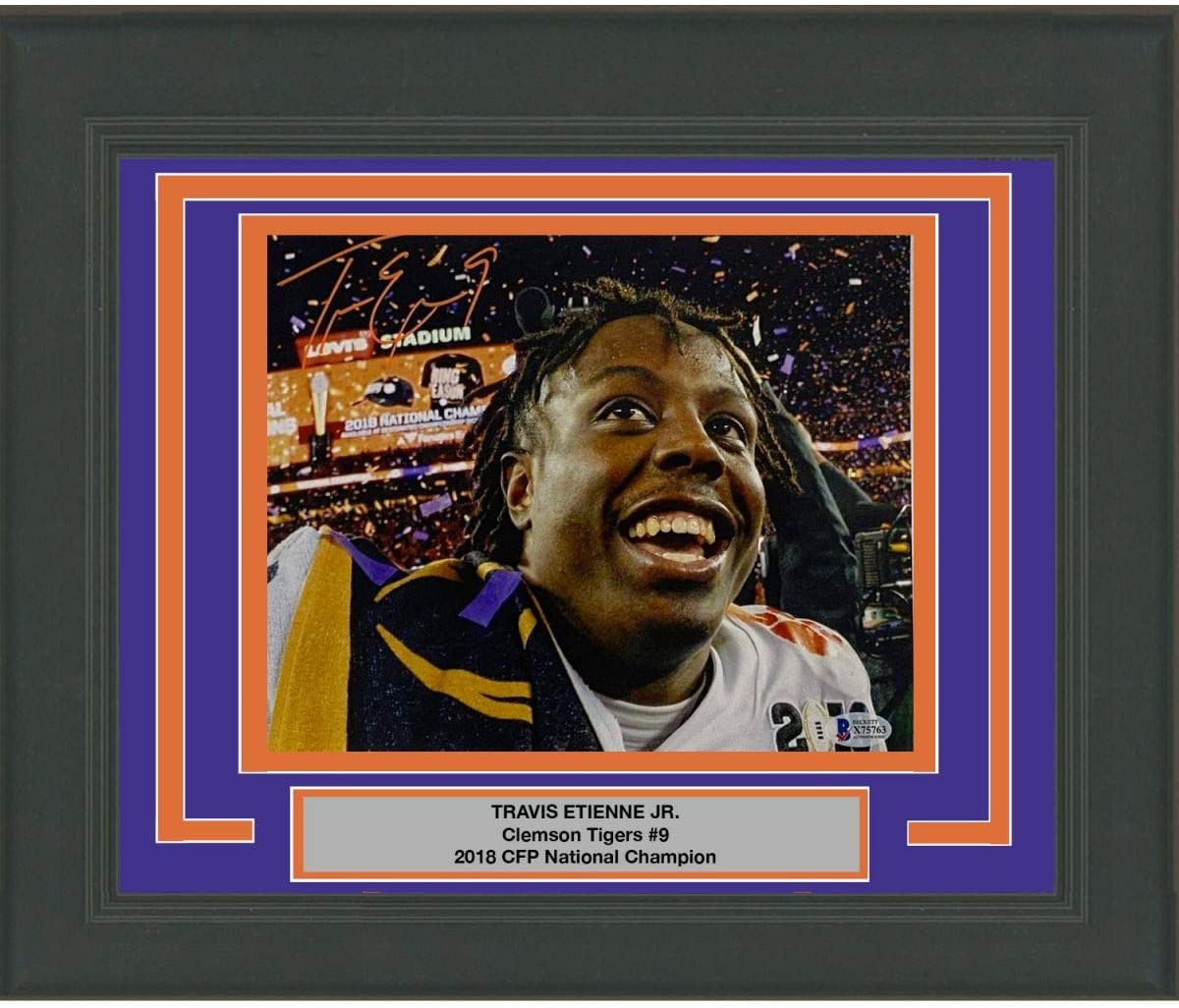 Framed Autographed/Signed Travis Etienne Jr Clemson Tigers 8x10 College Football Photo Beckett BAS COA #1