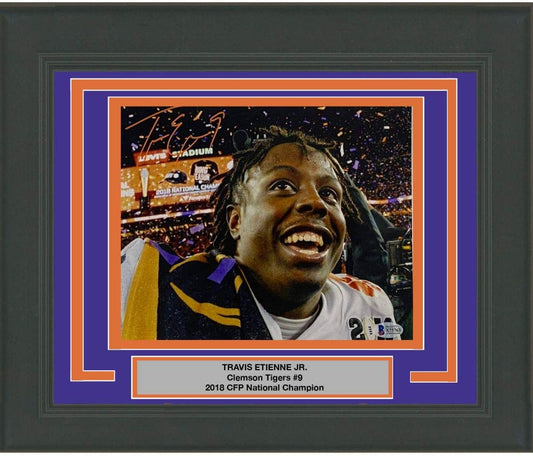 Framed Autographed/Signed Travis Etienne Jr Clemson Tigers 8x10 College Football Photo Beckett BAS COA #1