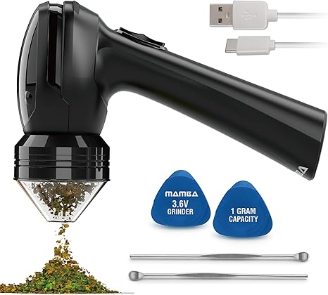 Mamba Lite 0.75g Black All-Plastic Head Electric Portable Herb Grinder. USB Rechargeable Powered for Easy One Handed Machine Grinding