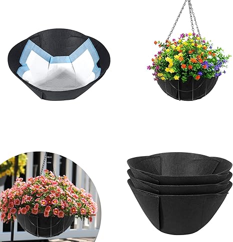 3 Pack 16 Inch Fabric Planter Basket Liners - Round Hanging Basket Liners Replacement Coco Liner, Durable Non-Woven Liners for Hanging Baskets Planters Flowers, Plants (Black)