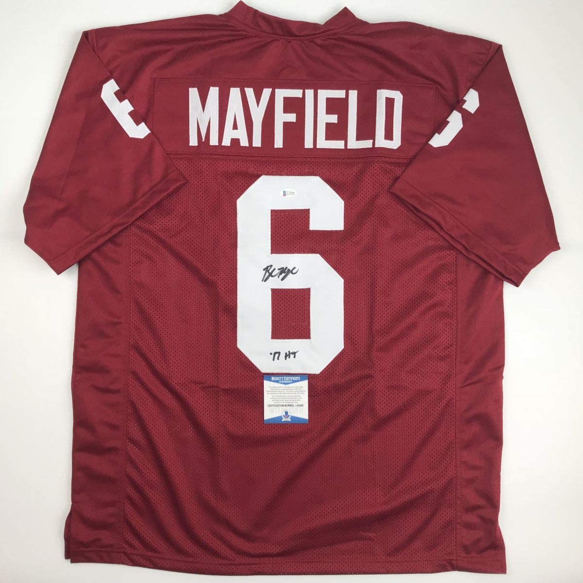 Autographed/Signed Baker Mayfield HT 17  Oklahoma Crimson Football Jersey Beckett BAS COA