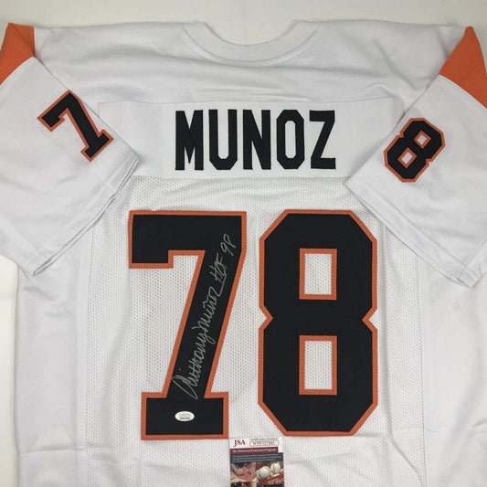 Autographed/Signed Anthony Munoz HOF 98 Cincinnati White Football Jersey JSA COA