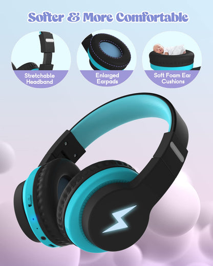 Kids Headphones, Wireless, LED Lights, Built-in Mic, Volume Limited - Blue
