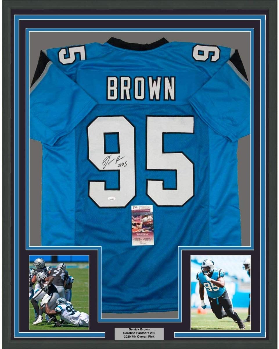 Framed Autographed/Signed Derrick Brown 35x39 Carolina Blue Football Jersey JSA COA