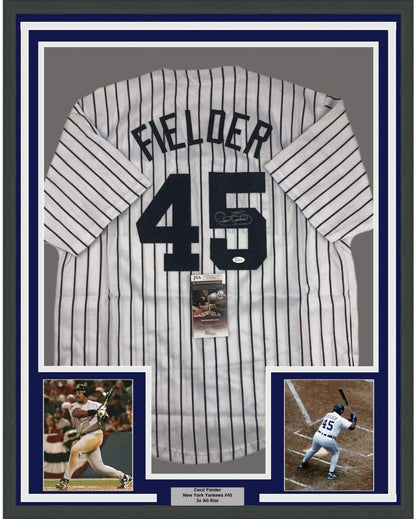 Framed Autographed/Signed Cecil Fielder 35x39 New York Pinstripe Baseball Jersey JSA COA