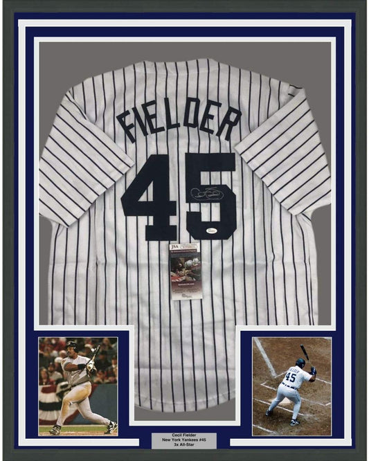 Framed Autographed/Signed Cecil Fielder 35x39 New York Pinstripe Baseball Jersey JSA COA