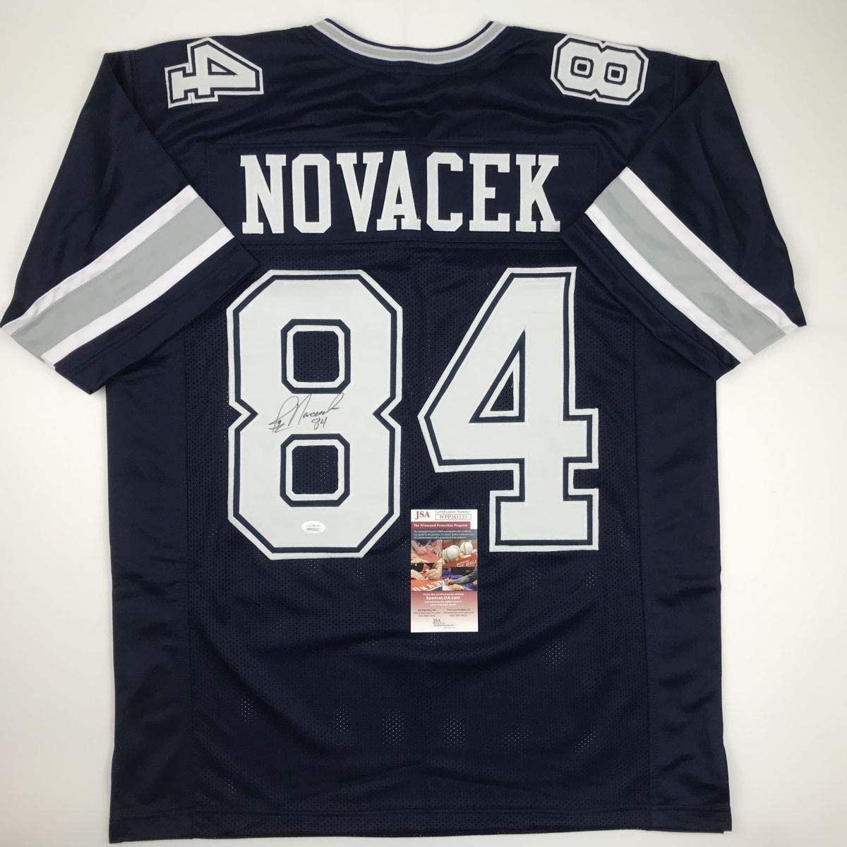 Autographed/Signed Jay Novacek Dallas Dark Blue Football Jersey JSA COA