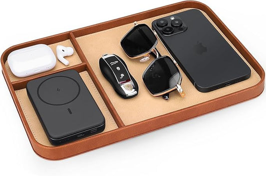 SENEN Leather Tray, Stylish and Organized Multifunctional Tray, for Table Entryway, Premium PU Leather, Catchall Tray for Keys, Watch, Wallet, Jewelry, and More (Brown Frame)