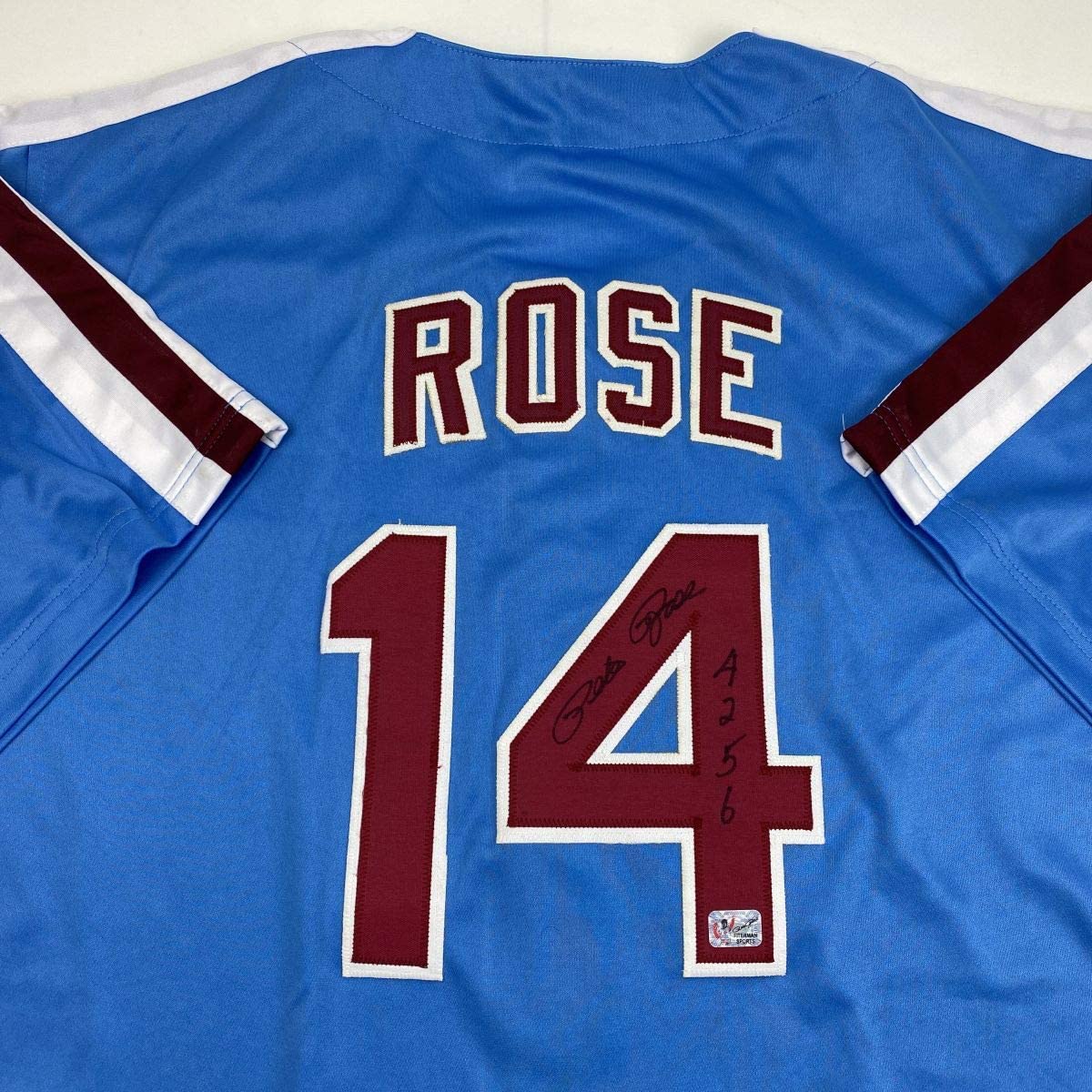 Autographed/Signed Pete Rose 4256 Philadelphia Blue Baseball Jersey Athlete Hologram COA