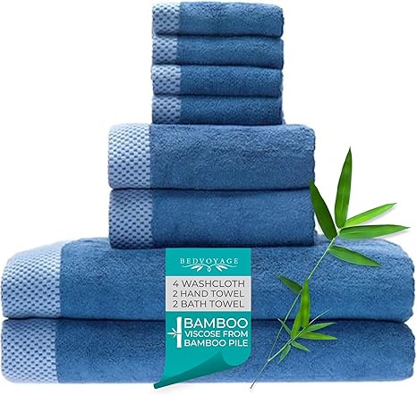 BedVoyage Viscose derived from Bamboo Bath Towels Set of 8pc - Highly Absorbent & Extra Large Shower Towels - 2 Hand Towels, 2 Luxury Bath Towels and 4 Wash Cloths - Hotel Towels for Bathroom - Indigo
