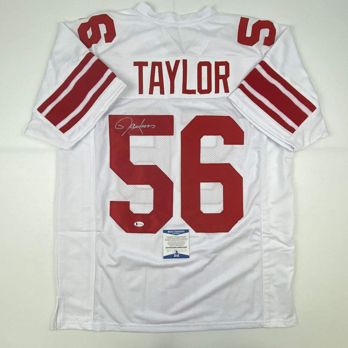 Autographed/Signed Lawrence Taylor New York White Football Jersey Beckett BAS COA