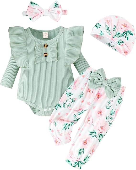 Baby Girl Clothes Infant Newborn Outfits Romper Pants Cute Bow Headband Hat Sets for Baby Girls (0-3-6-12-18 Months)