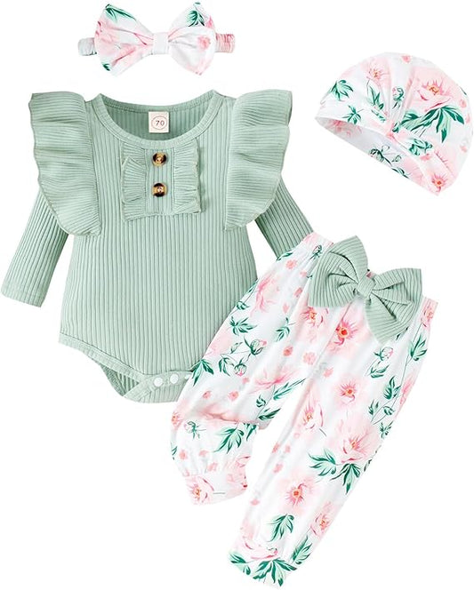 Baby Girl Clothes Infant Newborn Outfits Romper Pants Cute Bow Headband Hat Sets for Baby Girls (0-3-6-12-18 Months)