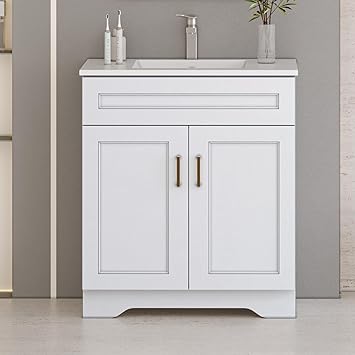 30" Bathroom Vanity with Ceramic Sink, Wooden Double Door Bathroom Storage Vanity, Freestanding Bathroom Cabinet Vanity with Storage