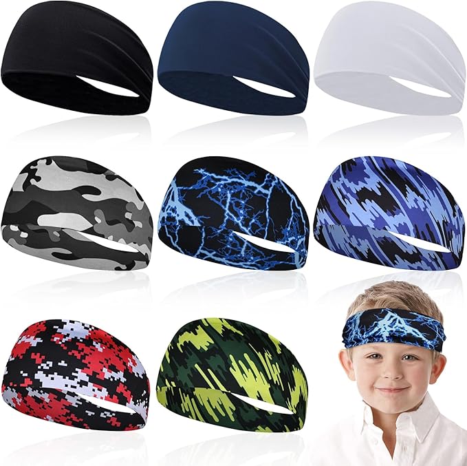 8 Pcs Sports Headbands for Boys, Breathable Kids Sweatbands with Non Slip Elastic, Comfortable Sports Kids Headbands for Baseball Soccer Basketball