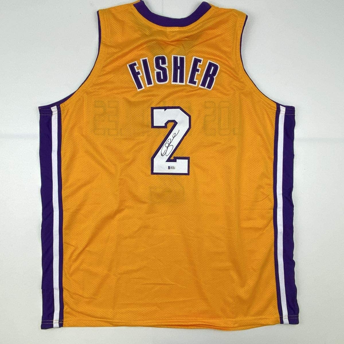 Autographed/Signed Derek Fisher Los Angeles LA Yellow Basketball Jersey Beckett BAS COA