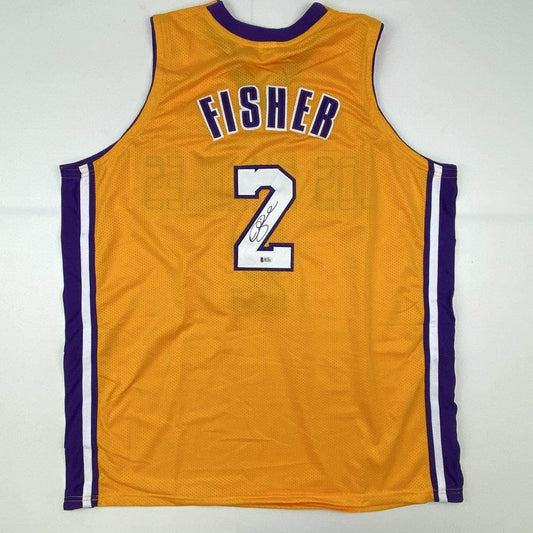 Autographed/Signed Derek Fisher Los Angeles LA Yellow Basketball Jersey Beckett BAS COA