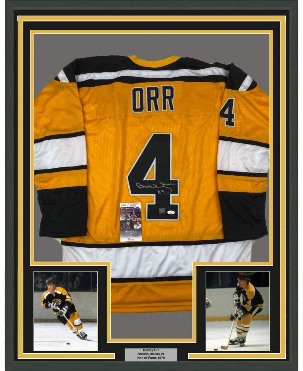 Framed Autographed/Signed Bobby Orr 35x39 Boston Yellow Hockey Jersey JSA & GNR COA