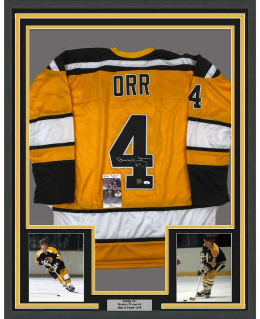 Framed Autographed/Signed Bobby Orr 35x39 Boston Yellow Hockey Jersey JSA & GNR COA