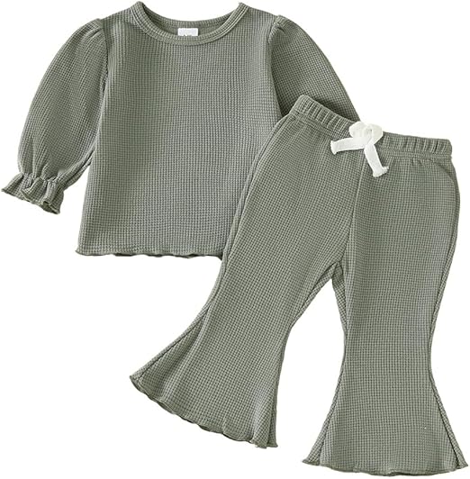 Baby Girl Fall Outfit Toddler Girl Winter Clothes Baby Lantern Sleeve Tops and Flared Pants 2pcs Waffle Clothing Set