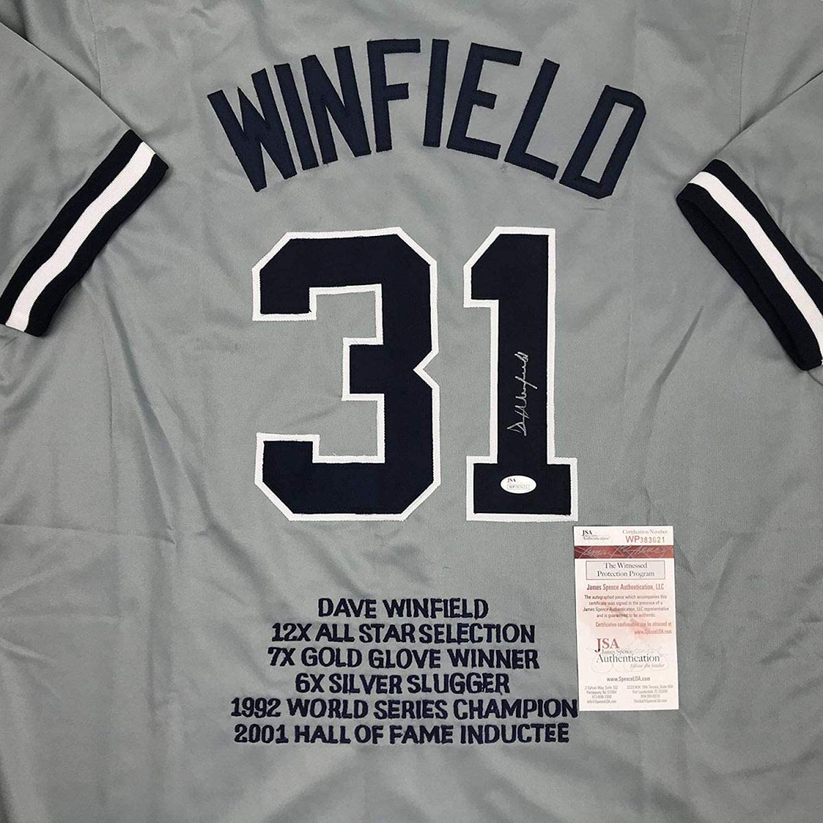Autographed/Signed Dave Winfield New York Grey Stat Baseball Jersey JSA COA