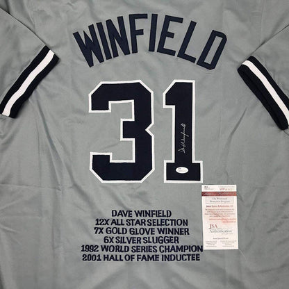 Autographed/Signed Dave Winfield New York Grey Stat Baseball Jersey JSA COA