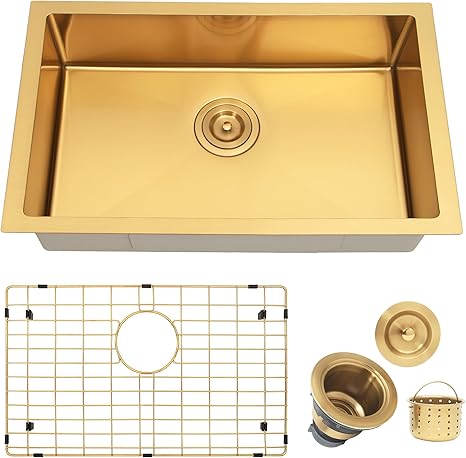25 Inch Undermount Kitchen Sink, Gold Undermount Sink Stainless Steel 18 Gauge Single Bowl Sink, 7 Inches Deep Outdoor Sink