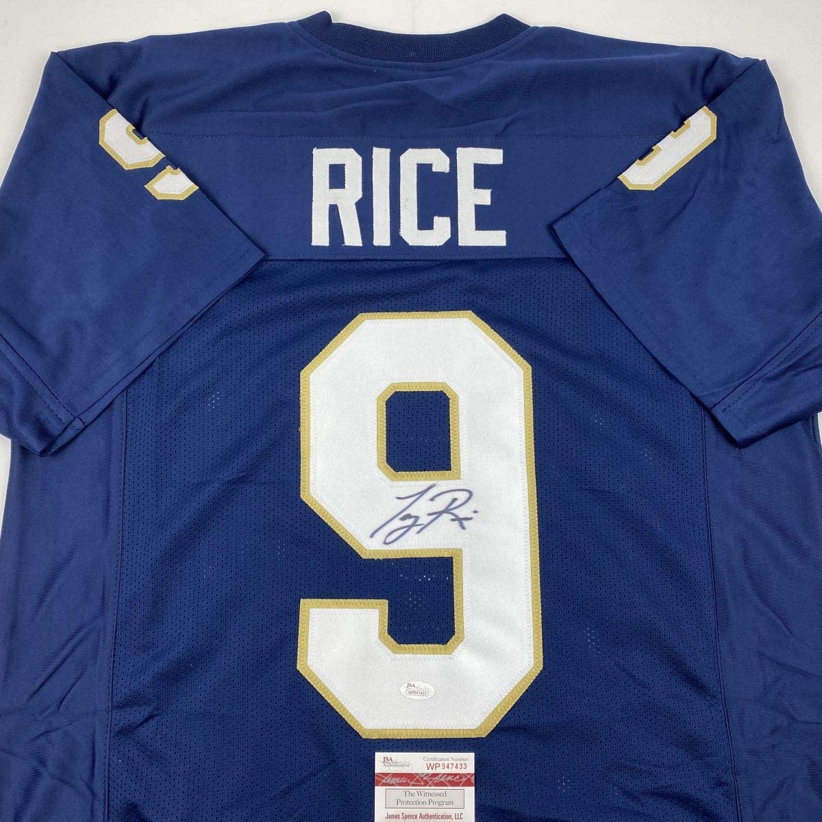 Autographed/Signed Tony Rice Notre Dame Blue College Football Jersey JSA COA